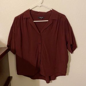 Madewell Maroon Silk Button Down Cropped Blouse